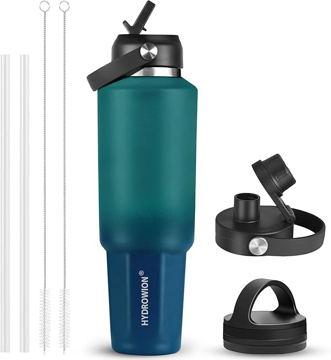 HYDROWION 40 oz Insulated Water Bottle, Car Water Bottle Holder - Double Wall Vacuum Insulated Travel Bottle with Straw Lid, Spout Lid and Flex Cap - Cold for 24H, Hot for 12H, Blue - Lake Green