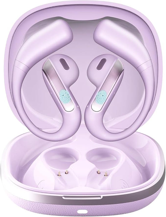 Open Ear Bluetooth 5.3 Earbuds, Wireless Headphones Sport Over Earphones Built-in Mic with Ear Hooks, 58H Playtime Ear Buds Fast Charging, IPX7 Waterproof for Running/Workout—Purple