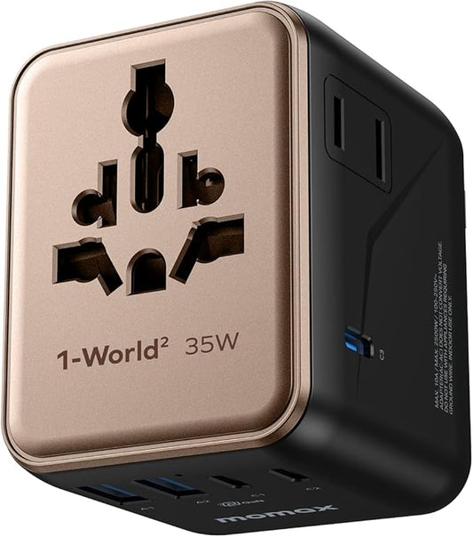 MOMAX 7-in-1 Universal Travel Adapter, 3 USB-C PD & 2 USB-A QC, 2AC, All-in-one European Travel Plug Adapter, International Power Adapter for Travel UK EU AUS JP, Travel Essentials