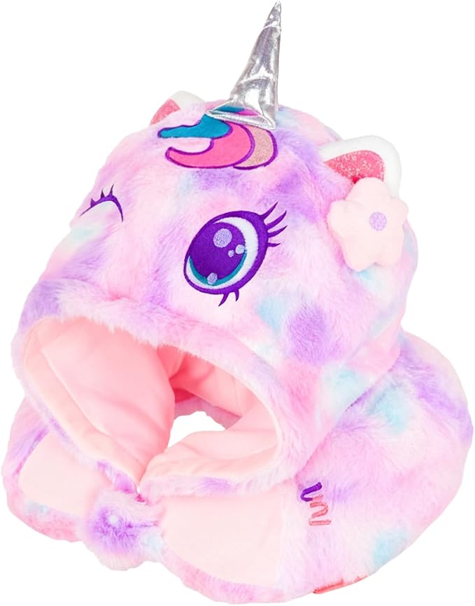 Travel Neck Pillow with Hood for Kids Adult Cute Soft Plush Memory Foam Airplane Neck Pillow for Traveling Animal Flight Pillow Head Rest Neck Support for Cars Long Flights
