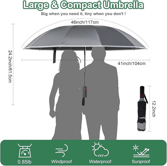 Rappeo 4-in-1 Inverted Travel Umbrella Compact, Automatic Large Umbrellas for Rain & Sun, Portable Windproof Umbrella for Backpack, Reverse Folding Umbrella for UV with Reflective Strips,Lightweight