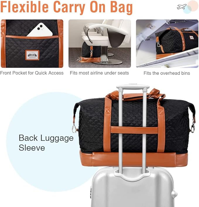 Weekender Bags for Women, Travel Duffle Bag Carry On Travel Bag Overnight Bag with Shoe Compartment Toiletry Bag, Large Weekend Tote Bag Gym Bag Hospital Bag for Labor and Delivery, 50L Quilted Black