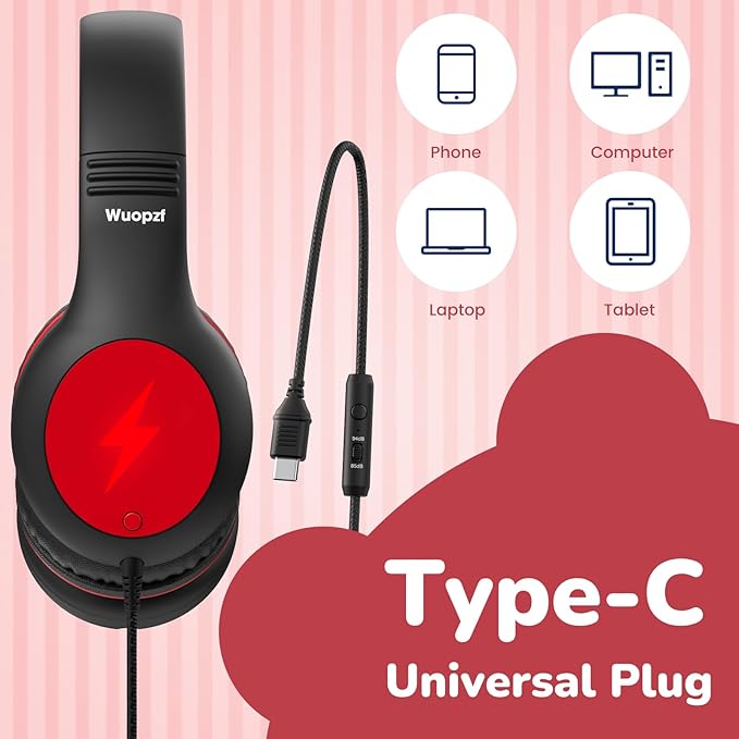 Kids USB C Headphones for School, 2025 Upgrade Safe Listening Wired Over-Ear Headphones with LED Lights, Volume Limiter & Microphone, Foldable Design for iPhone 16, iPad, Tablet (Black Red)