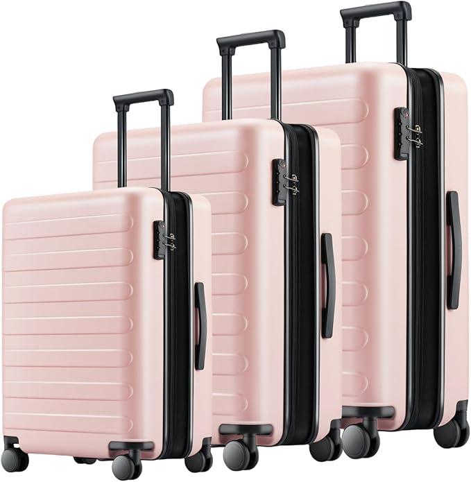 NINETYGO Luggage Sets 3 Piece, Carry On Luggage Airline Approved, Medium Large Checked Luggage with Spinner Wheels, Expandable, Hard Shell PC Suitcase Sets, TSA, 20in/24in/28in (Pink, Rhine Max)