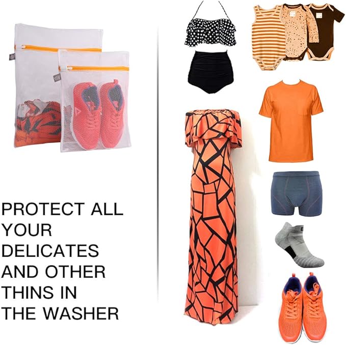 Kimmama Laundry Mesh Wash Bags, Lingerie Bags for Washing Delicates, White Net, Orange Zipper, 1L & 1M