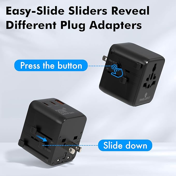 Universal Travel Adapter w/USB Ports, GaN All in One Worldwide Plug Adapter, International Power Converter for All Devices, Wall Charger AC Power Type C Charging Ports for USA EU UK AUS