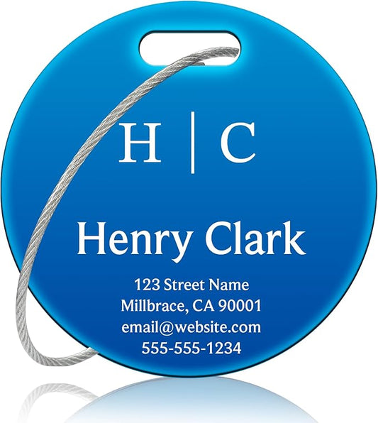 Personalized Luggage Tags for Suitcases - Stainless Steel Custom Luggage Tags for Backpacks & Bags, Sturdy, Waterproof & Heavy Duty (Blue/Round)
