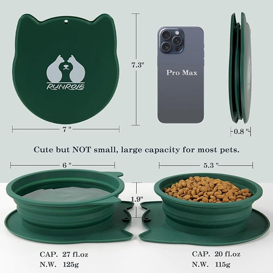 RUNROLE 2-in-1 Collapsible Silicone Dog Travel Bowls, Slot Together and Use Separately, Portable Pet Food Water Bowls, Foldable Cat Feeding Watering Dishes, 20OZ+27OZ(Forest Green)