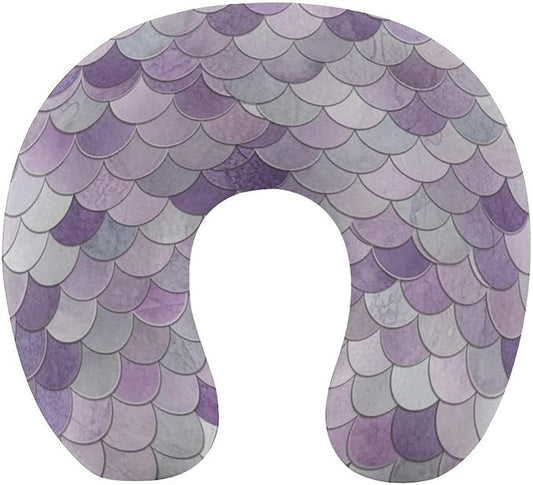 Men’s Comfort U-Shaped Neck Pillow Memory Foam Travel, Sparking Mermaid Fish Scales Purple U-Shape, Breathable Car Airplane Support