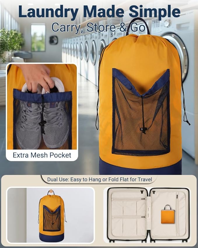 Laundry Bag with Shoulder Straps and Mesh Pocket Laundry Backpack Large Portable Laundry Hamper for College Laundromat Apartment