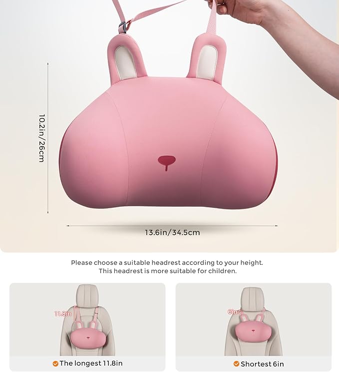 BEBAS Car Neck Pillow Travel - Adjustable Memory Foam Neck Support Pillow for Sleeping, Breathable & Machine Washable Cover, Soft Support for Adults & Kids - Gift (Pink - Rabbit)