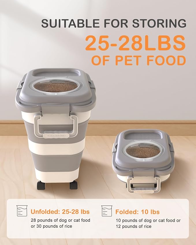 25-28 Lbs Dog Food Storage Container with Handle, Collapsible Dog Food Container with Airtight Lids, Wheels, Large Pet food storage Container for Dog Cat,Dog Food Scoop,Small Container
