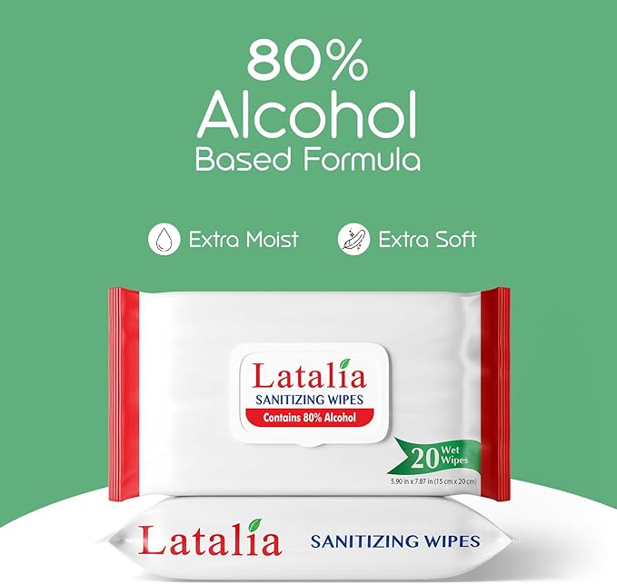 Latalia Hand Wipes Pack of 3 | 80% Alcohol Hand Sanitizer Wipes for Hands & Face Moisturizing, Gentle, Convenient and Fragrance Free (20 Counts)