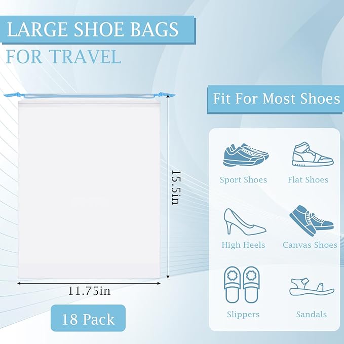 18 Pack Shoe Bags for Travel, 15.7" x 11.8" Clear Travel Shoe Bags for Packing with Colorful Drawstring, Large Waterproof Portable Travel Shoe Storage Bag Travel Essentials Women for and Men