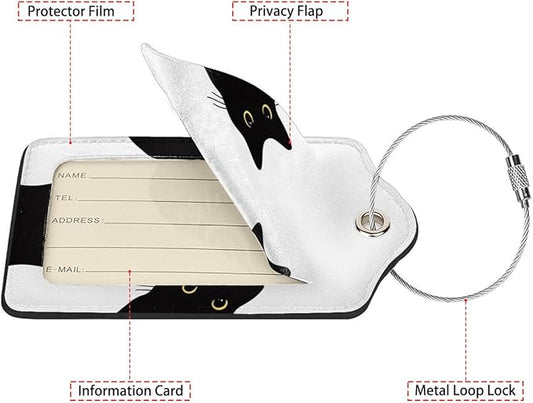 Cat's Gaze 2 Pack Luggage Tag for Suitcase, Cute Unique Leather Bag Tags Identifiers Privacy Cover ID Label with Steel Loop for Women Men Kids Girls Travel