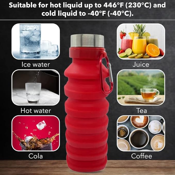 Collapsible Water Bottle (Red) Reusable, BPA Free, Silicone, Foldable Portable & Leak Proof - Water Bottles for Travel Gym Camping Hiking - Sports Water Bottle with Carabiner
