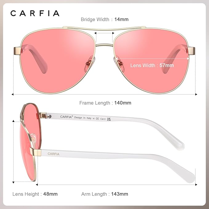 CARFIA Retro Trendy Pilot Sunglasses for Women Polarized UV Protection, Lightweight Outdoor Driving Lady Sunnies Metal Frame