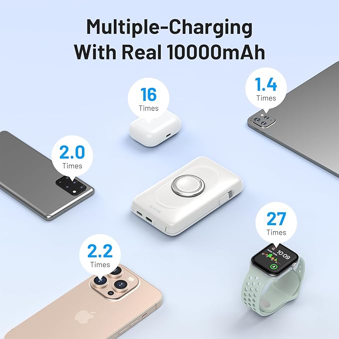 BLAVOR for Magsafe Portable Charger with Built-in Cables, 20W Fast Charging, 10000mAh Magnetic Wireless Power Bank, Battery Pack with Stand for iPhone 16/15/14/13/12, Powerbank for Apple Watch(White)