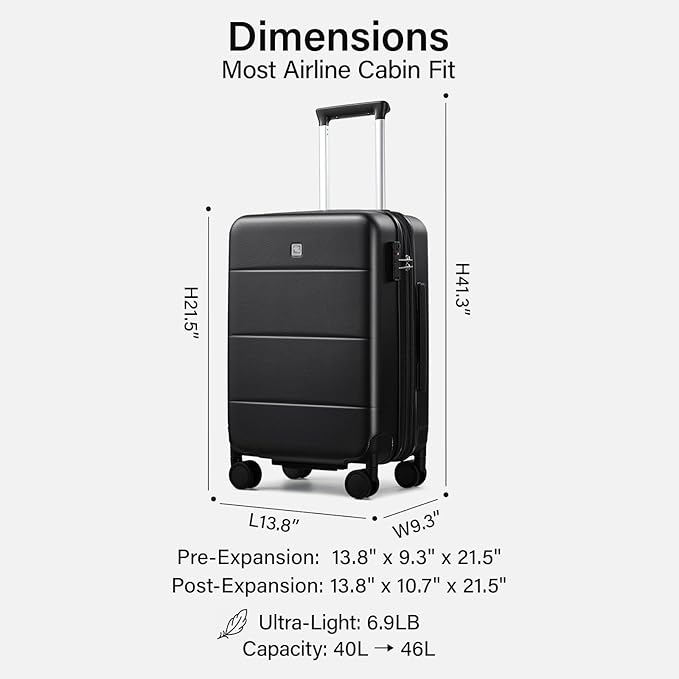 Hanke Expandable Carry On Luggage 22x14x9 Airline Approved, 20 Inch Hardside Luggage with Spinner Wheels, All-PC Hard Shell Carry-On Suitcase, Lightweight & TSA Approved (Jet Black, 46L)
