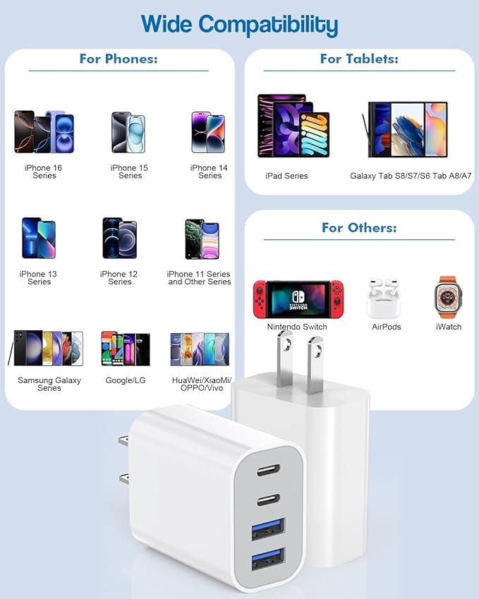 40W iPhone 17 16 Charger Block,2Pack 4-Port Fast USB C Charger Blocks,Multiport PD Power Adapter & QC Phone Charging Apple Adapter for iPhone 17 Air/17 Pro Max/16e/16 Pro/15/15Pro Max/14/13/12/11/iPad