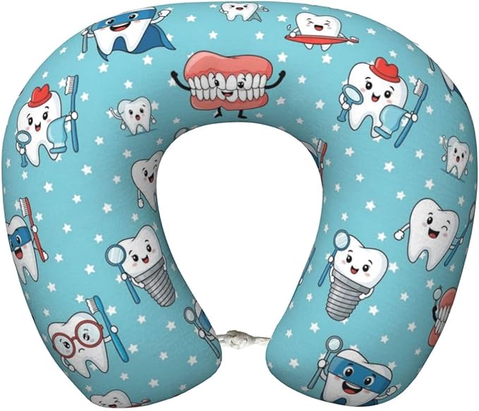 Unique Travel U Shaped Pillows Cute Dental Teeth Blue for Airplanes Car Flight, Comfortable Chin Head Neck Cushion Supporting, Polyester Removable Cover