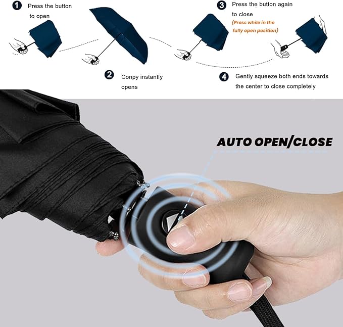 SIEPASA Compact Travel Umbrella - Windproof Auto Open/Close, Small Folding Umbrella for Rain - Lightweight & Durable with Fiberglass Frame, Waterproof Canopy - Fits Backpack, Purse, Suitcase. (Black)