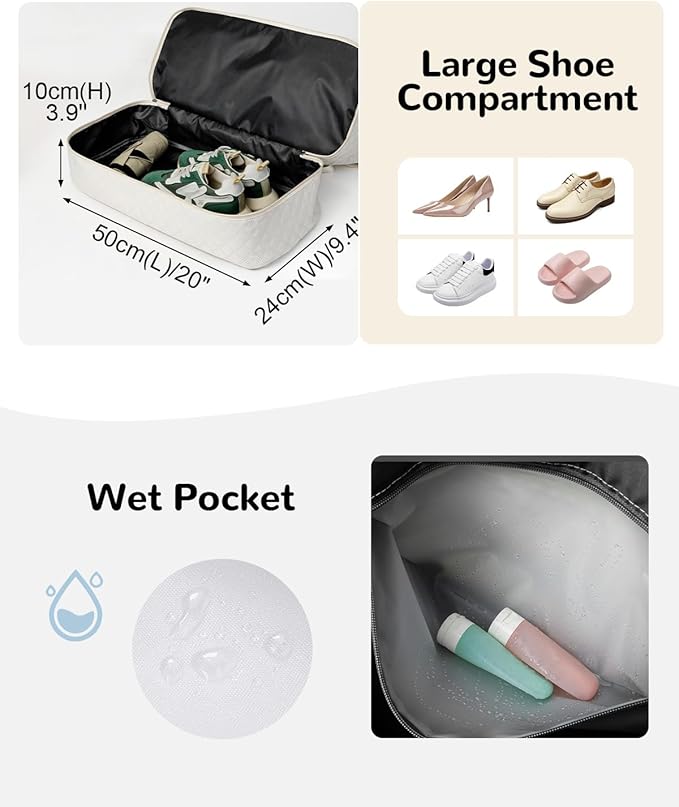 50L Large Travel Duffel Bag with Shoe Compartment & Toiletry Bag for Women, Overnight Bags with Wet Pocket,White