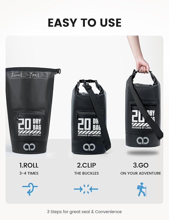 Lamicall Dry Bag Waterproof Backpack - [Zippered Pocket] 5L/10L/20L/30L/40L Roll Top Waterproof Bag with Water Proof Phone Pouch, Floatable Drybag for Swimming, Boating, Kayaking, Camping, Beach