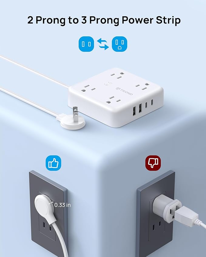 TROND 2 Prong Power Strip 5ft, 2 Prong to 3 Prong Extension Cord, Polarized Flat Plug, 4 AC 4 USB, Wall Mountable Surge Protector Outlet for Non-Ground Socket in Old House School Office, White