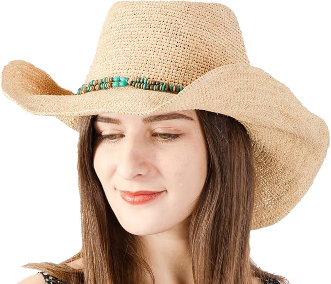 Raffia Straw Cowboy Hat,Women's Crocheted Summer Straw Hats, Classic Beach Sun Hats