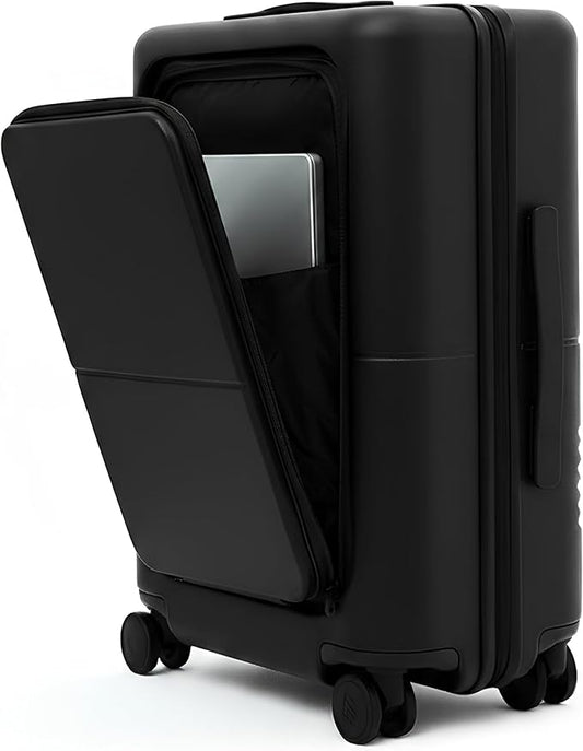 July Carry On Pro - 20" Hardshell with Front Pocket, Airline Approved Carry On Luggage with Wheels, TSA Lock Rolling Suitcase, Silent Spinner Wheels, USB Ports & Ejectable Battery - Charcoal