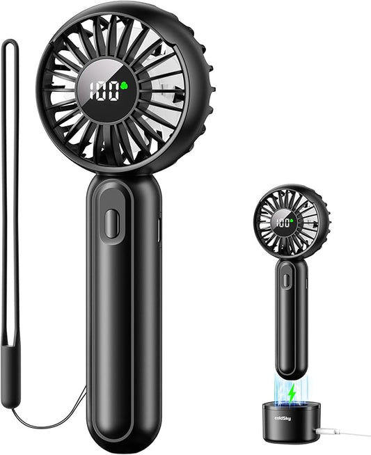 Handheld Fan with 𝗪𝗶𝗿𝗲𝗹𝗲𝘀𝘀 Charging Base, 3 Speeds Portable Fan with Digital Display, 2000mAh Battery Operated Hand Held Fan, Handheld/Desk 2 in 1 Personal Fan Lash Fan Makeup Fan (Black)