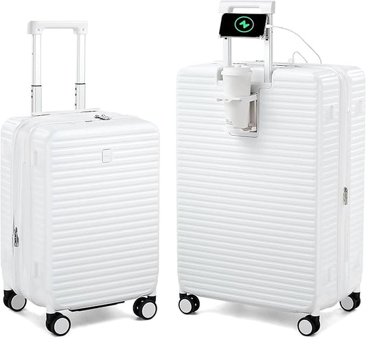 Hard Shell Suitcases Expandable Travel Luggage Sets 2 Piece, Carry on and Check in Luggage Lightweight Suitcase Set 2 Piece with Wheels Cup Holder Charger Built in (White, 20/28)