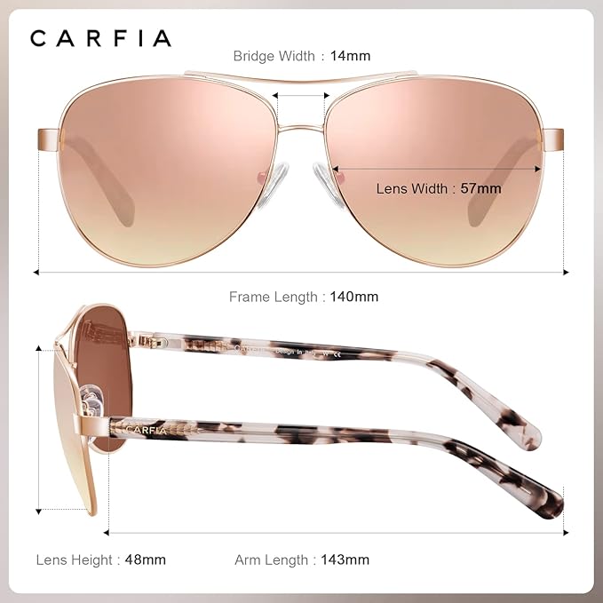 CARFIA Retro Trendy Pilot Sunglasses for Women Polarized UV Protection, Lightweight Outdoor Driving Lady Sunnies Metal Frame