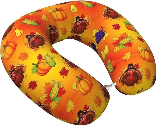 Neck Travel Pillow, Women Men Washable Airplane Car Pillows Thanksgiving Cute Turkey Pumpkin, Head Support Rest U Shaped Cushion Comfortable for Watching TV