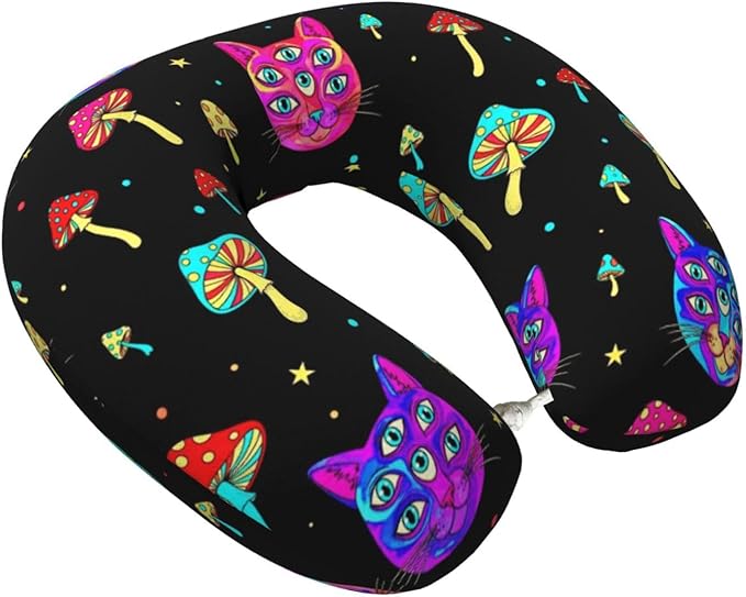 Neck Travel Pillow, Women Men Washable Airplane Car Pillows Trippy Eyes Black Cat Goth Mushroom, Head Support Rest U Shaped Cushion Comfortable for Watching TV