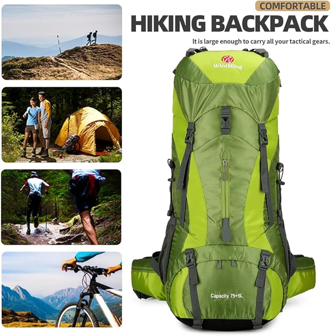 75L Hiking Backpack with Rain Cover Waterproof Camping Backpack Shoes Warehouse for Men Women, Frameless