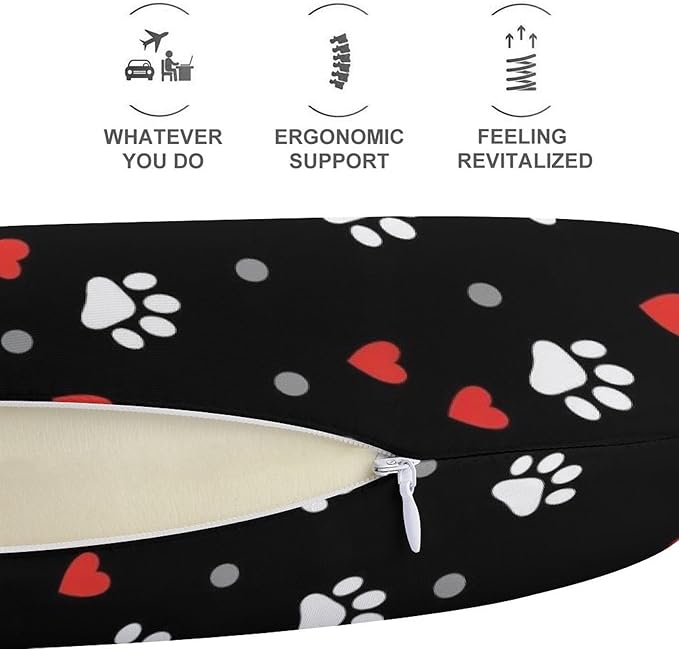 Memory Foam Travel Pillow Paw Prints and Hearts On Black, Breathable Chin Head Support, Washable Zip Cover for Airplane Car Office Pain Relief