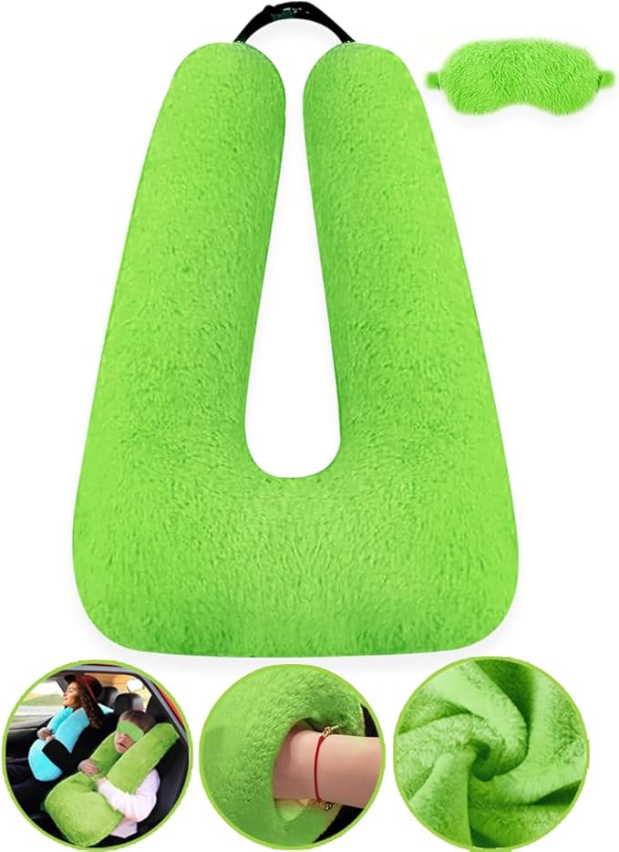 Sexysamba Travel Pillow with Sleep Mask Set Car Pillow Kids Travel Pillow for Sleeping U Shaped Car Seat Pillow Head Neck Body Support for Kids and Adults Road Trip Accessories,Green