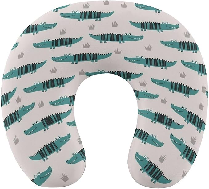 Stylish U Shaped Travel Neck Pillow Memory Foam Chin Support Alligator Animal, Breathable Washable Cover for Airplane Car Office Decor