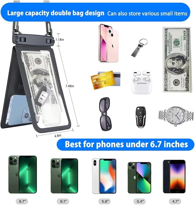 Waterproof Phone Pouch,Dual Space Waterproof Lanyard Phone Case,Waterproofs Phone Case，Fanny Pack，Suitable for all mobile phones，Comfortable Calls Sealed Touchable Face Recognition（2PCS)