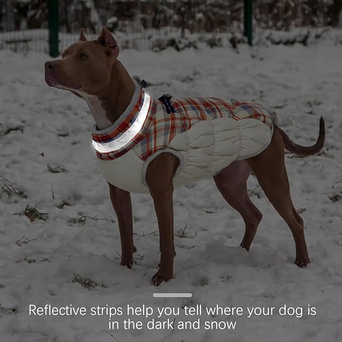 FUAMEY Dog Coat for Large Dogs,Waterproof Dog Winter Jacket with Harness Built in Puppy Cold Weather Coats Reflective Pet Vest with Zipper Warm Fleece Dogs Snowsuit Windproof Red Plaid XXL