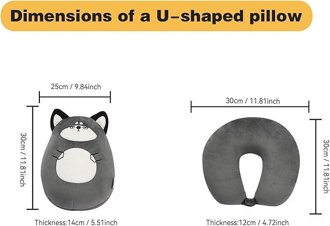 Kids Travel Pillow - 2-in-1 Deformable Kids Neck Pillow for Traveling, Soft U-Shaped Pillow with Adorable Animal Design, Comfy Sleep and Play, Ideal for Airplanes and Cars - Gray Husky