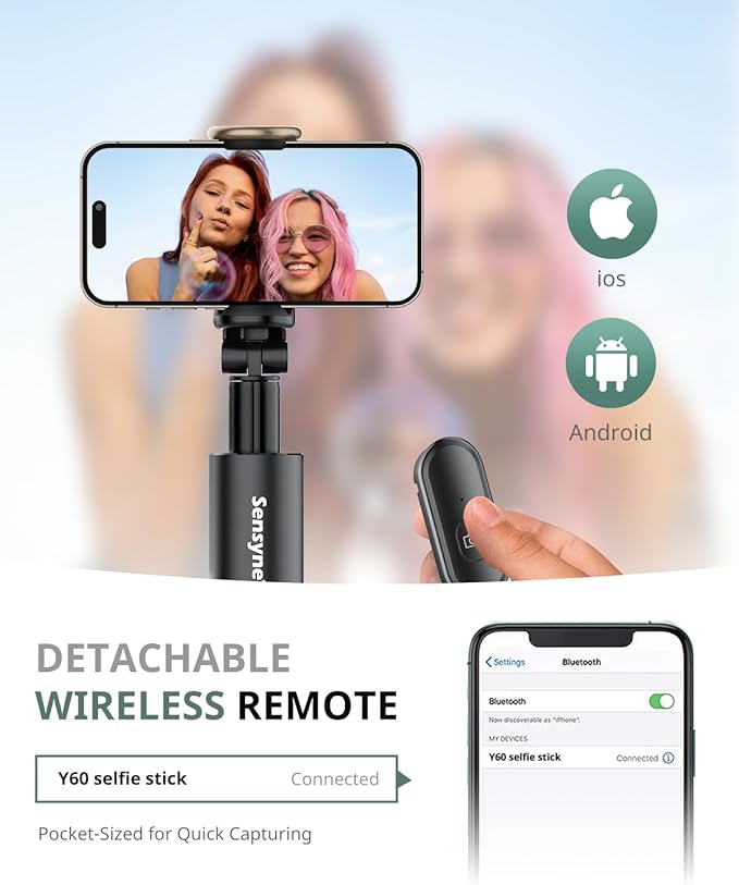 Sensyne 60" Phone Tripod - Selfie Stick, Lightweight All in One Phone Tripod Integrated with Wireless Remote Compatible with All Cell Phones for Selfie/Video Recording/Photo/Live Stream/Vlog（Black）