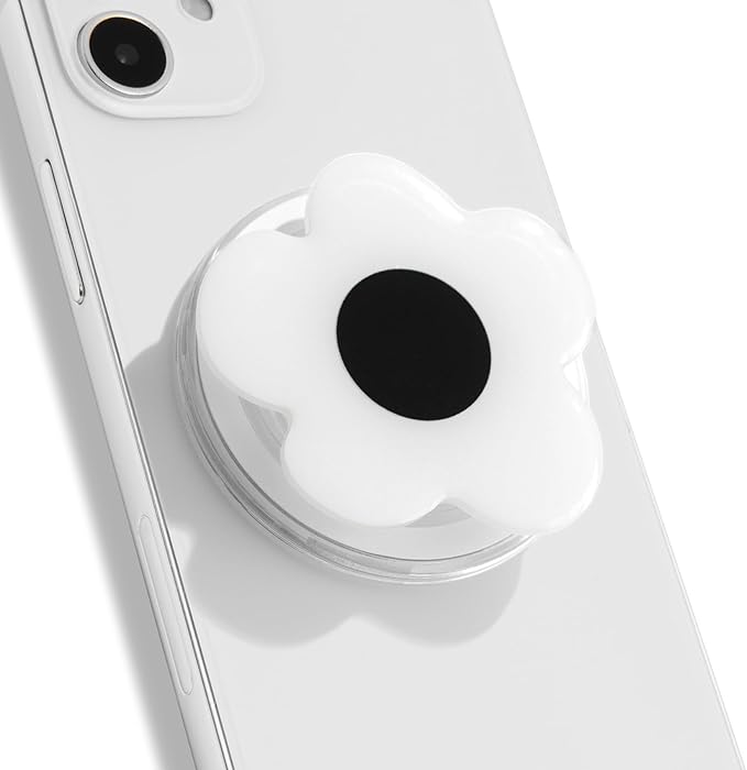 OnTheGrip Compatible with Magsafe Magnetic Cute Solid Color Daisy Flower Design Collapsible Mobile Phone Grip Stand Holder for Smartphone Tablet Cell Phone Accessory (White Black)
