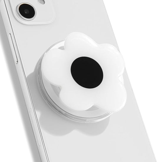 OnTheGrip Compatible with Magsafe Magnetic Cute Solid Color Daisy Flower Design Collapsible Mobile Phone Grip Stand Holder for Smartphone Tablet Cell Phone Accessory (White Black)