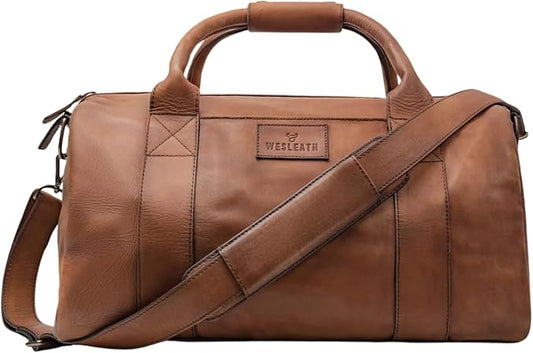 Full Grain Leather Duffle Bag – 40L Travel, Gym & Carry-On Weekender for Men | Handcrafted Overnight Bag with Brass Hardware, Vintage Style