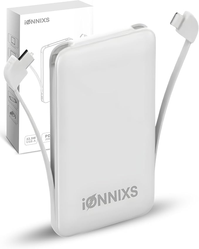 Portable Charger with Built in Cable - 10000mAh Ultra-Slim Portable Charger Power Bank with USB-C Cable, Lightning Cable - Fast Charge 20W - LED Battery Indicator, Power Bank (Gray, 10.000mAh)