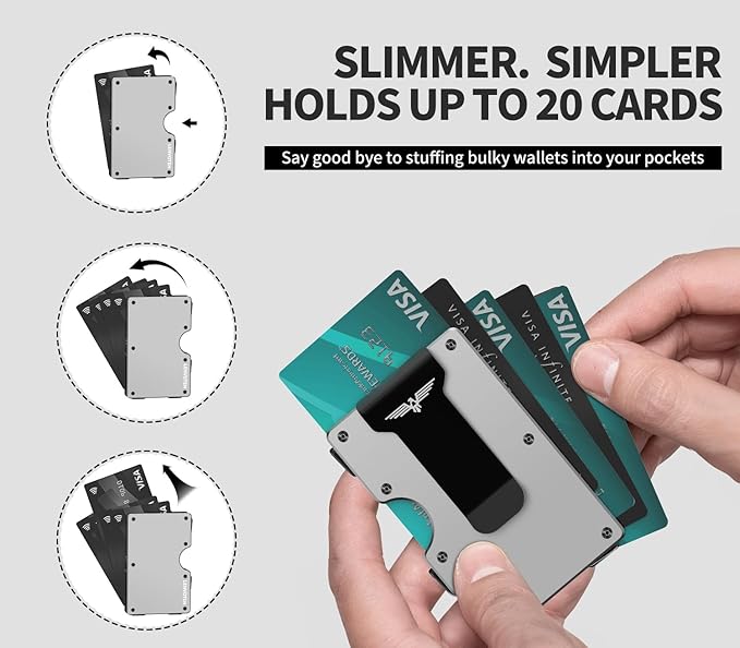 Wallet for Men, Money Clip Wallet with Cash Strap, Slim Card Wallet, RFID Blocking Card Holder, Holds up to 20 cards