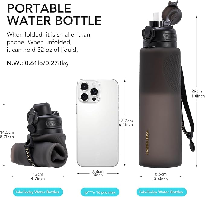 TakeToday Collapsible Water Bottles 32oz, Foldable Travel Water Bottle, BPA Free, Silicone Water Bottle Leakproof for Hiking, International Travel, Outdoors